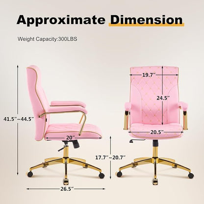 Furniliving Pink and Gold Office Chair, Leather Office Chairs, Adjustable Vanity Chair with Golden Legs and Padded Armrest, Modern Upholstered Computer Chair with Wheels,Pink