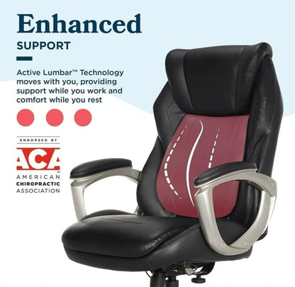 Lazzyboyy Executive Office Chair, Black Leather, Big and Tall, Active Lumbar Support, Ergonomic Design with Silver Base-Patented Active Lumbar Technology-Construction Supports up to 350lbs