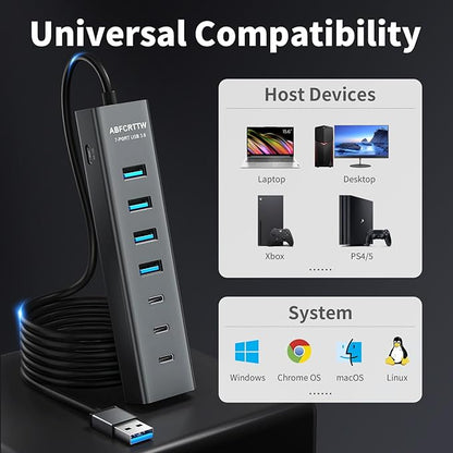 6Ft 7-Port USB Hub 3.0 for Desktop, 4 USB-A & 3 USB-C Ports Aluminium 5Gbps USB Extender Hub, USB Splitter, USB Hub Long Cable for Desktop, PC, Flash Drive, Mobile HDD SSD, Windows/XPS