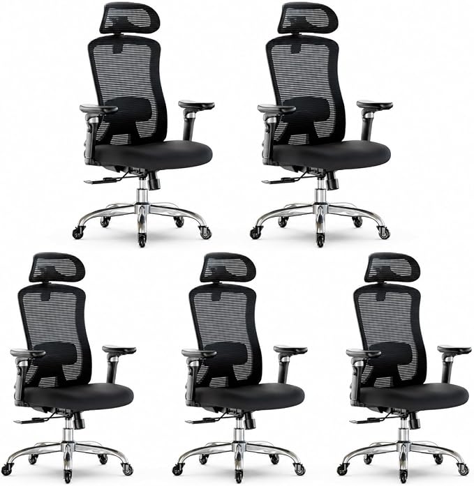 Marsail Ergonomic Office Chair with 6D Armrests, 3D Adjustable Headrest, Slide Seat, Lumbar Support, and 4-Position Tilt Lock – Big and Tall Office Chair with 330 lbs Capacity, Pack of 5