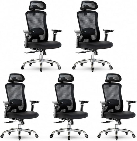 Marsail Ergonomic Office Chair with 6D Armrests, 3D Adjustable Headrest, Slide Seat, Lumbar Support, and 4-Position Tilt Lock – Big and Tall Office Chair with 330 lbs Capacity, Pack of 5