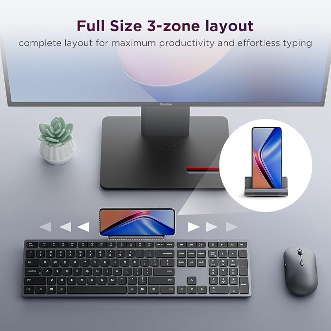 Lenovo 700 Modern Wireless Keyboard & Mouse Combo, 2.4 GHz Dongle & Dual Bluetooth Connection, AES-128 Encryption, 36 Month Battery Life, Quiet Mouse, Luna Grey
