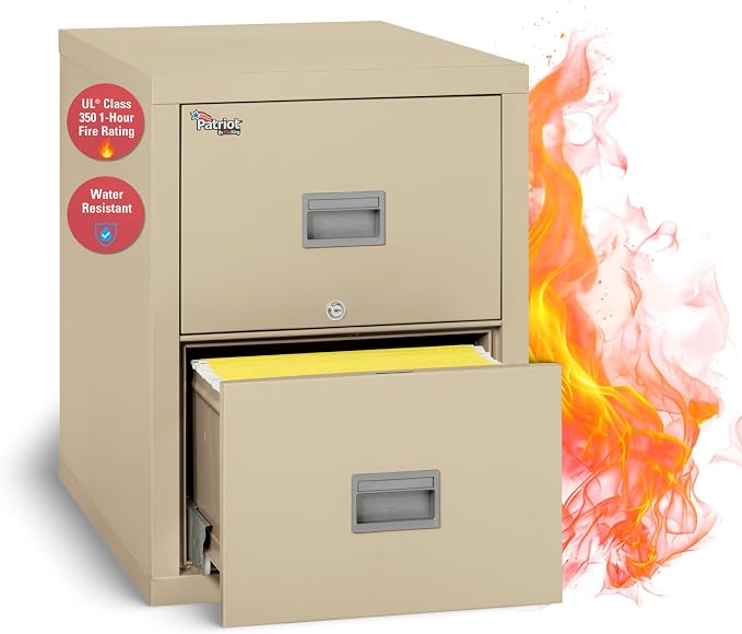 FireKing Patriot Vertical 2 Drawer Legal and Letter Fire Safe File Cabinet with Key Lock, 1 Hour Fire Rated, UL Rated & Water Resistant Home Safe, Made in the USA, Parchment