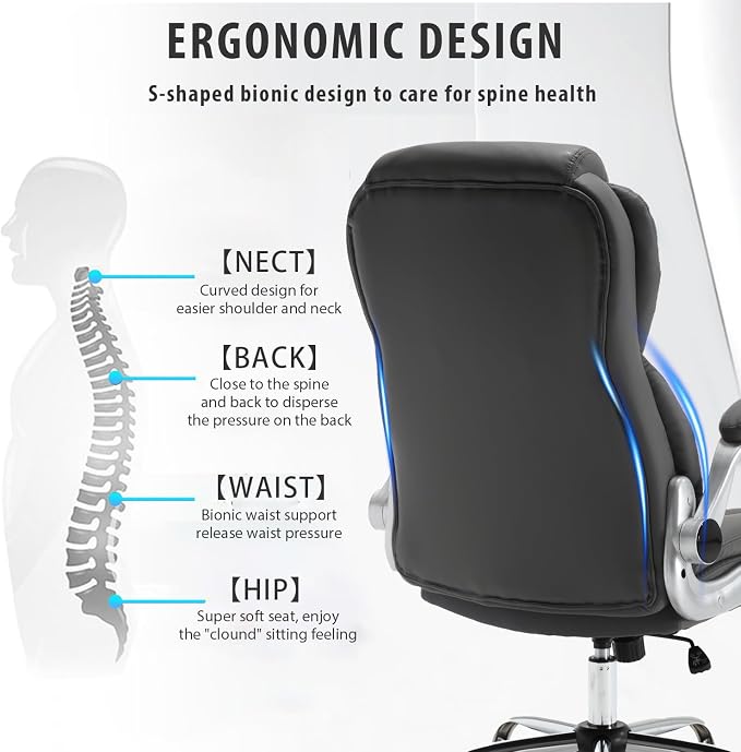 Leather Executive Office Chair, Big and Tall High Back Ergonomic Desk Chairs with Wheels, 90-120° Rocking Managerial Home Computer Chairs with Flip up Arms and Lumbar Support, Grey