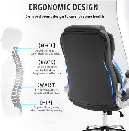 Leather Executive Office Chair, Big and Tall High Back Ergonomic Desk Chairs with Wheels, 90-120° Rocking Managerial Home Computer Chairs with Flip up Arms and Lumbar Support, Grey