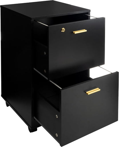 Lavish Home 2 Drawer File Cabinet - Filing Cabinet with Lock - Rolling File Cabinet for Under Desk Storage - Wood Filing Cabinet for Home or Office Organization (Black)