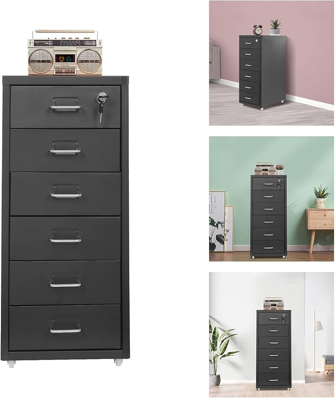 Vertical File Cabinet, 6 Drawers Rolling File Organizer Cabinets with Lock, Heavy Duty Metal Storage Cabinet, Movable Under Desk Filing Cabinet for Office, Study, Dresser (Black)