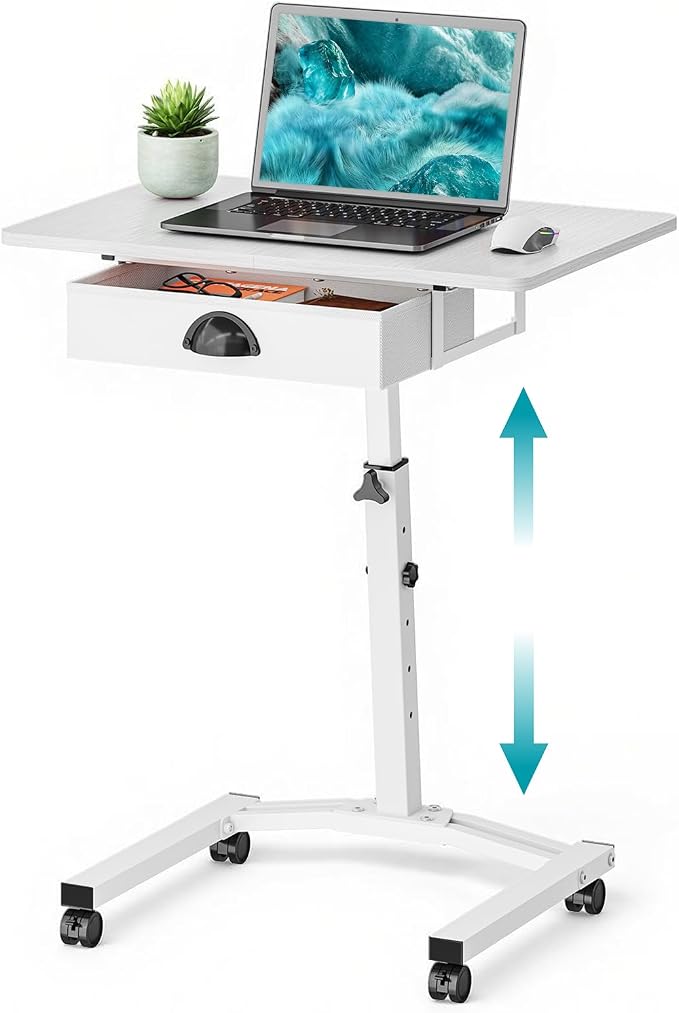 Rolling Adjustable Height Computer Desk With Drawers, Small Mobile Laptop Desk Cart On Wheels For Small Spaces Home Office, Portable Sitting Laptop Table For Bed Couch Load Up To 60LBS, Sturdy, White