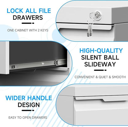 3 Drawer Mobile File Cabinet with Lock, Metal Filing Cabinet, Under Desk Rolling Small Filing Cabinet with Wheels for Home Office Storage, Fits Legal/A4/Letter/Document Size, Required Assembly, White