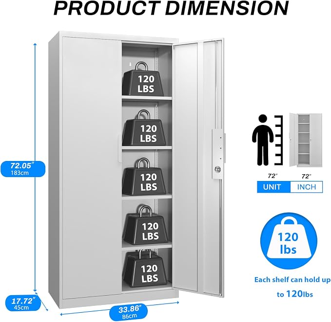 Metal Garage Storage Cabinet with Lock, 72" Tall Steel Storage Locker with 4 Adjustable Shelves, Heavy Duty Metal Cabinet for Garage, Office, Home, White