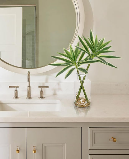 GnFlus Artificial Plants Stems in Glass Vase with Faux Water,Fake Silk Plant Dracaena Leaves for Centerpiece Table Decorations Farmhouse Wedding Home Greenery Decor (Green and White)