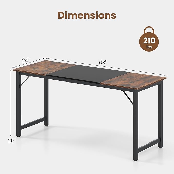 Giantex 63 Inch Computer Desk, Modern Simple Office Desk with Triangle Structure Metal Frame, Computer Workstations for Home Office, Study, Conference Room, Rustic Brown and Black