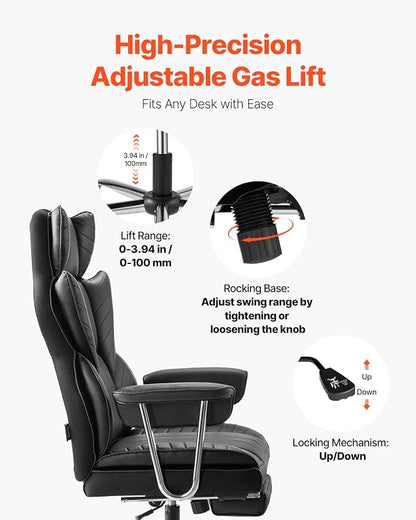 VEVOR Executive Office Chair with Footrest, 400lb Capacity Oversize Office Chair with Lumbar Pillow & Removable Armrests, Heavy Duty Ergonomic Chair, PU Leather Reclining Home Office Desk Chair, Black