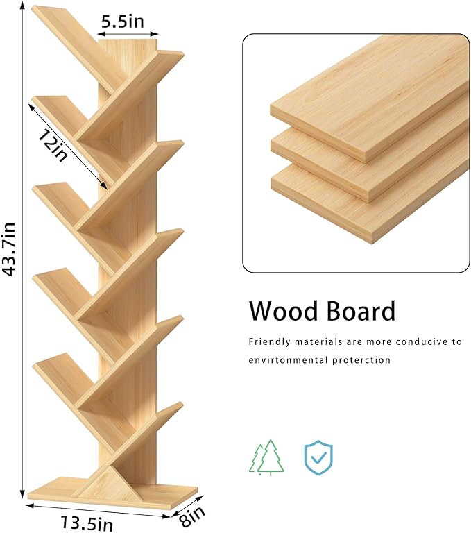 SHEEPAM 10 Tier Tree Book Shelf, Floor Standing Wood Bookshelf for Narrow Space, Storage Organizer Bookshelves for Books/CDs/Magazine, Bookcase with Shelves for Home Office, Living Room - Natural