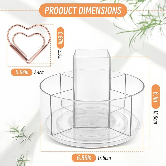 HONUTIGE Acrylic Desk Organizer Clear, 360 Degree Rotating Pen Organizer Large Pen Holder with Mini Paper Clips Stationery Supplies Marker Holder Art Supply Storage Organizer 5 Compartments