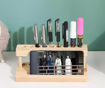 Pencil & Pen organizer for Desk,Wooden pen holder with Phone Stand for Office & Home,Solid Walnut Pencil Display Stand (Single-row - Natural Wood)