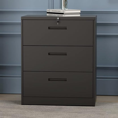 Lateral File Cabinet, 3 Drawers Metal Lockable Filing Cabinet for Commercial Grade Office Legal and Letter File (Black)