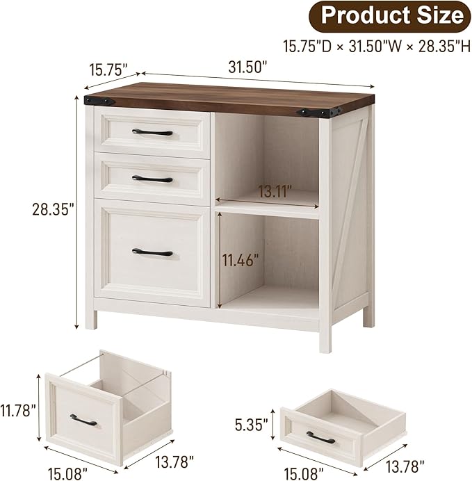 Halitaa 3 Drawer File Cabinet, Farmhouse Lateral Filing Cabinet Fits Files Letter or A4 Size, Wooden Printer Stand with Open Storage Adjustable Shelf for Home Office, Rustic White and Brown