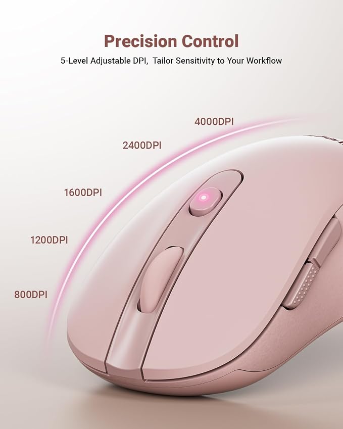 wegear USB Wireless Mouse for Laptop PC Mac, 2.4GHz Cordless Mouse with 6 Buttons, 5-Level Adjustable 4000 DPI, Ergonomic Portable Optical Computer Mice, 24-Month Battery Life-Pink