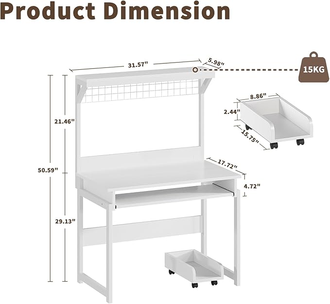 ALISENED 31.5" Small Computer Desk with Hutch, Office Desk with Workstation PC Table, Keyboard Tray & Storage for Gaming, Working, Studying, Space-Saving Design, Easy Assembly，White