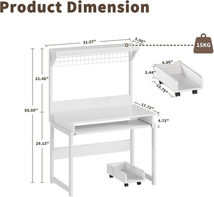 ALISENED 31.5" Small Computer Desk with Hutch, Office Desk with Workstation PC Table, Keyboard Tray & Storage for Gaming, Working, Studying, Space-Saving Design, Easy Assembly，White