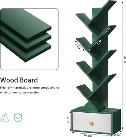 SHEEPAM 8 Tier Tree Bookshelf with Drawer, Free Standing Wood Green Bookcase for Narrow Space, Storage Organizer Bookshelves for Books, Book Case for Home Office, Living Room, Bedroom