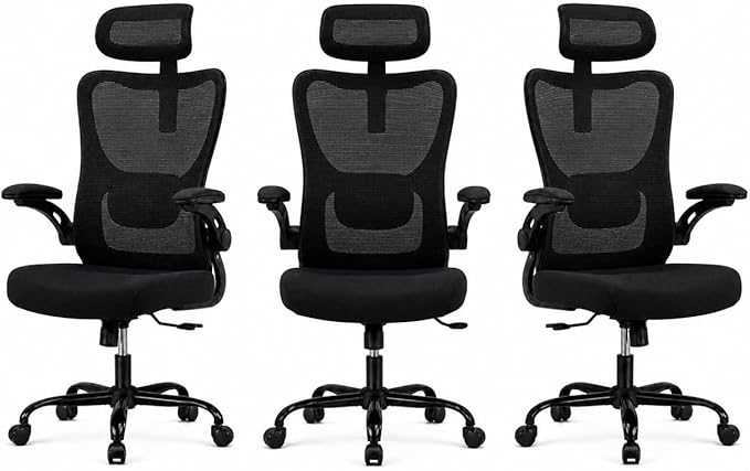 HUANUO Ergonomic Office Chair, High Back Computer Desk Chair with Adjustable Lumbar Support and Headrest, Comfy Gaming Chair with 3D Armrests, Home Office Rolling Chair, Max Load 300 lbs, Pack of 3