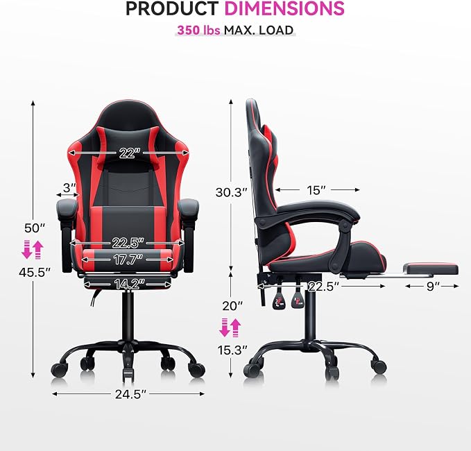 Gaming Chair, Ergonomic Computer Chairs with Arms, Lumbar Support, Footrest, Headrest 360°Swivel Chair, Adjustable Back and Height, Leather PC Chairs for Gaming, Study, Office, Black/Red