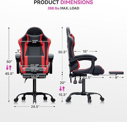 Gaming Chair, Ergonomic Computer Chairs with Arms, Lumbar Support, Footrest, Headrest 360°Swivel Chair, Adjustable Back and Height, Leather PC Chairs for Gaming, Study, Office, Black/Red