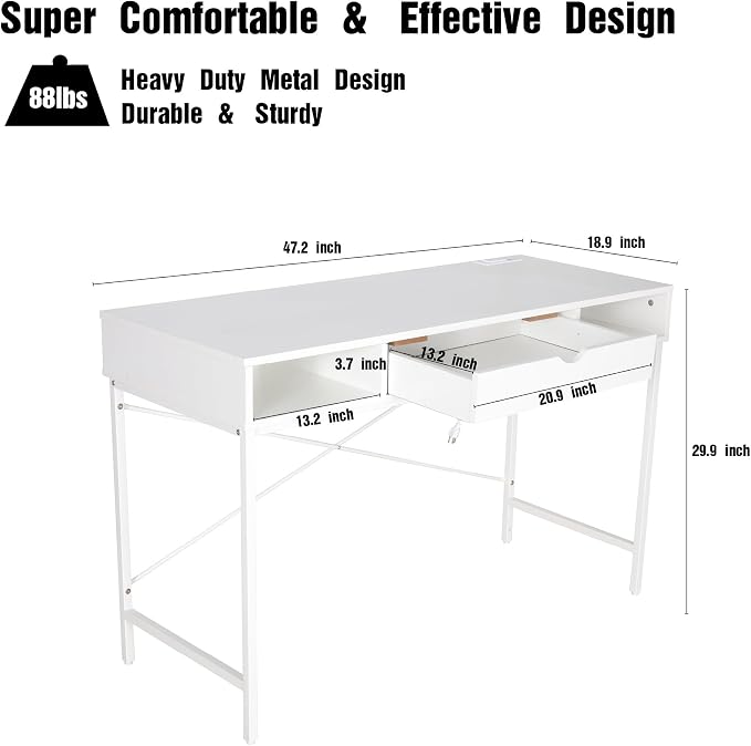 JJS 48' Writing Desk with Power Outlet, Home Office Contemporary Large Computer Desk Laptop Workstation with Drawer USB Ports Charging Station, White