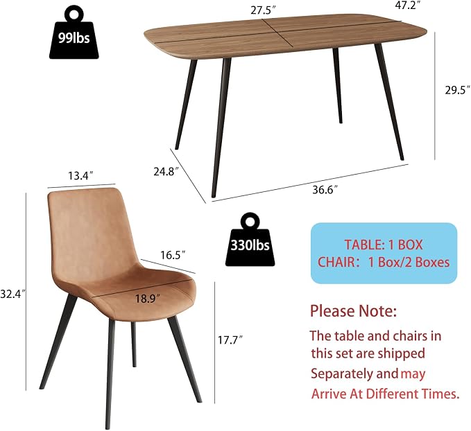 HIPIHOM 47.2'' Dining Table Set for 4,Modern Wood Dining Table,Leather Dining Chairs 4,Table and Chairs Set of 4,Ideal for Kitchen Dining Room (Walnut Color Table + 4 Brown Chairs, 47.2")