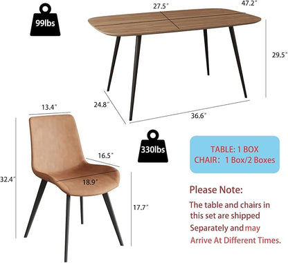 HIPIHOM 47.2'' Dining Table Set for 4,Modern Wood Dining Table,Leather Dining Chairs 4,Table and Chairs Set of 4,Ideal for Kitchen Dining Room (Walnut Color Table + 4 Brown Chairs, 47.2")