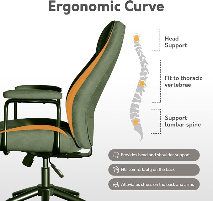 Green Leather Office Chair, Mid Century Home Office Desk Chair | Ergonomic Curve Design, Removable Padded Arms, Height Adjustable Swivel Seat & Smooth Wheels, Vintage Mid-Back Computer Chair