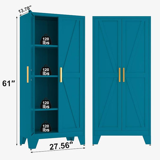 Baborokic 61H Metal Storage Cabinet with 2 Doors and Adjustable Shelves,Farmhouse Storage Cabinet with Barn Doors,Pantry Storage for Home,Office,Dining Room,Kitchen(Blue)