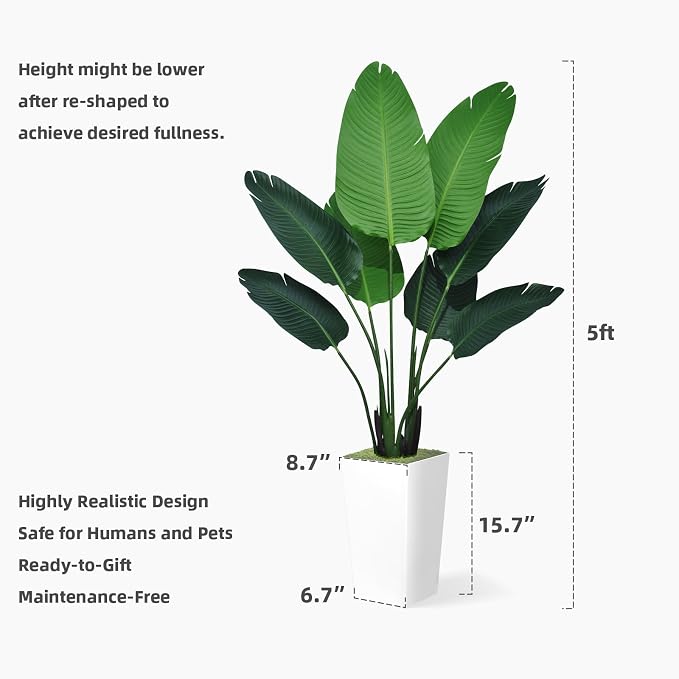 ASTIDY Bird of Paradise Artificial Plant 5FT - Faux Tropical Palm Tree with White Tall Planter - Fake Floor Plant Potted - Artificial Silk Tree for Home Office Living Room Decor Indoor