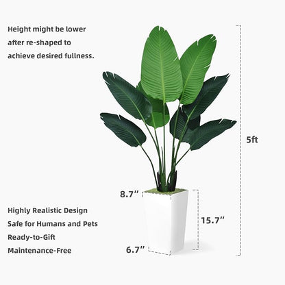 ASTIDY Bird of Paradise Artificial Plant 5FT - Faux Tropical Palm Tree with White Tall Planter - Fake Floor Plant Potted - Artificial Silk Tree for Home Office Living Room Decor Indoor