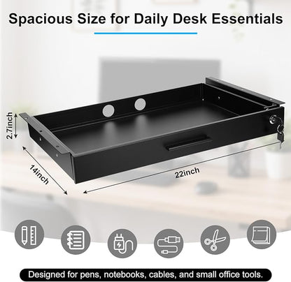 Menkxi 22'' x 14'' Under Desk Drawer Slide Out Storage Organizer, Lockable Metal Desk Drawer for Laptop and Office Accessories, Large Hidden Under Table Storage Box with Cable Management, Black