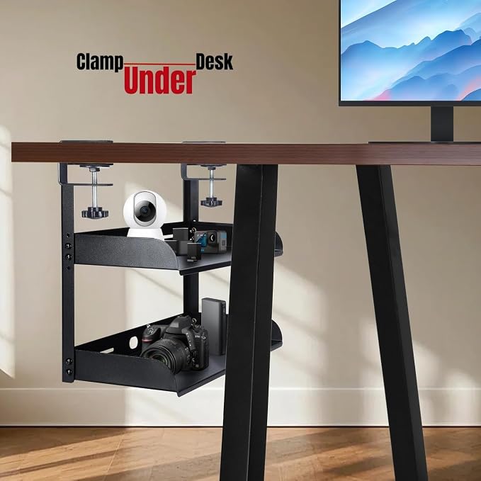 CanKing Desk Clamp Shelf 16 Inch 2 Tier Adjustable Storage Rack | Sturdy metal organizer saves space, fits A4 paper, and mounts securely on or under tables for office, gaming, and cubicle