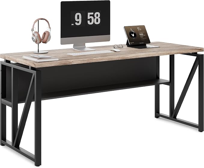 LITTLE TREE 55-Inch Executive Office Desk, Large Computer Desk with Storage Shelf, Executive Desk with Metal Frame, Thickened Desktop, Study Writing Desk Work Station for Home Office, Grey Black