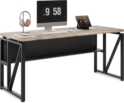 LITTLE TREE 55-Inch Executive Office Desk, Large Computer Desk with Storage Shelf, Executive Desk with Metal Frame, Thickened Desktop, Study Writing Desk Work Station for Home Office, Grey Black