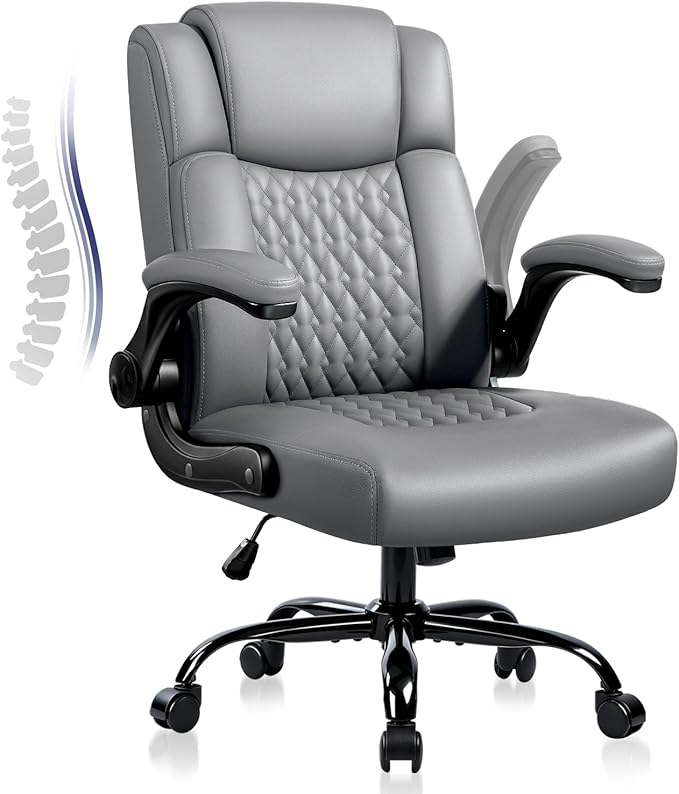 OFIKA Leather Office Desk Chair,Ergonomic Office Chair with Lumbar Support,Computer Chair,Executive Leather Chair with Padded Flip-up Arm,Adjustable Armrests, Gray,275LBS