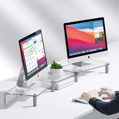 dual monitor stand riser, 3-layer transparent acrylic monitor stand with anti slip pad, adjustable length and angle, suitable for 2 monitors, desktop, laptop, PC, printer, TV screen