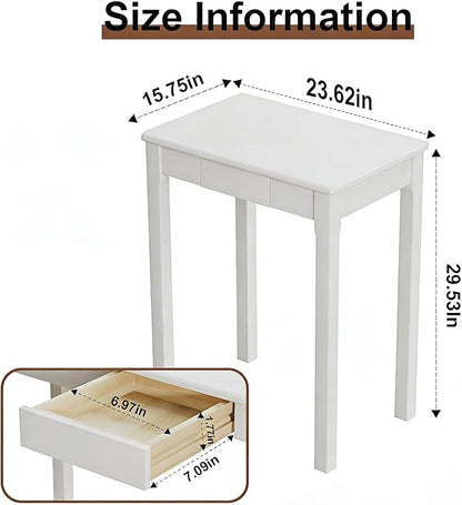 Solid Wood Desk with Drawers - 24 x 16 Inch Simple Narrow Desks, Rubber Wood Study Table, Small Writing Desk for Small Spaces|Bedroom - Modern White Desks