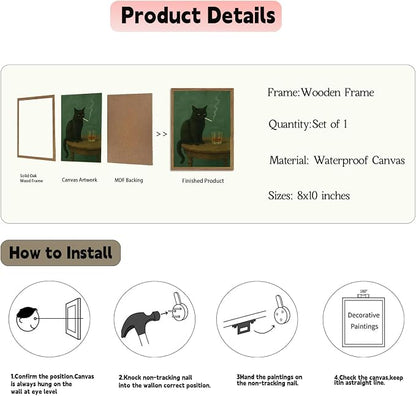 Moody Black Cat Canvas Wall Art 12x16 in Funny Smoking Cat with Whiskey Wall Decor Vintage Whimsical Animal Painting Dark Humor for Bar Cart Kitchen Living Room Wood Framed