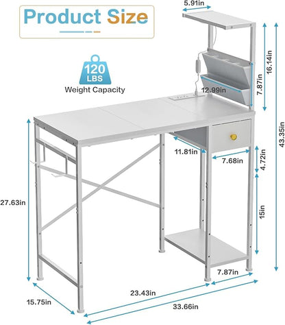 Jakyitvi 33.7" Computer Desk with Power Outlets, LED Lights & Drawer, Small Office Desk with Storage Bag & Hooks, Gaming Desk for Bedrooms or Home Office, Compact Study Desk for Small Spaces，White