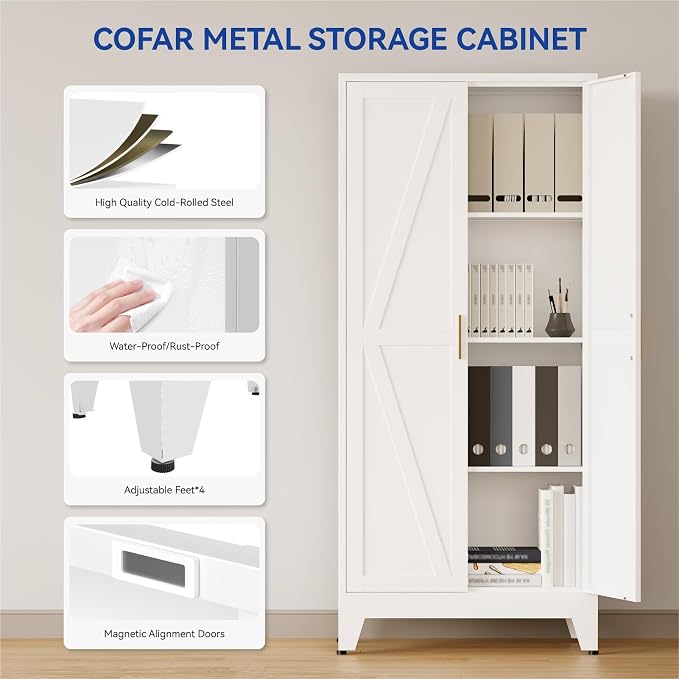 COFaR Metal Pantry Cabinet with Doors, Farmhouse 61'' Tall Storage Cabinet with 3 Adjustable Shelves, Kitchen Pantry Cabinet for Dinning Room, Laundry, Bathroom, Garage, White 4-Tier