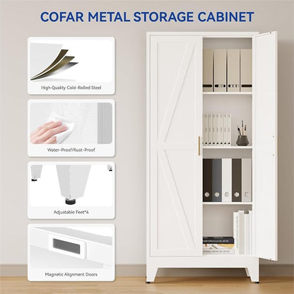 COFaR Metal Pantry Cabinet with Doors, Farmhouse 61'' Tall Storage Cabinet with 3 Adjustable Shelves, Kitchen Pantry Cabinet for Dinning Room, Laundry, Bathroom, Garage, White 4-Tier