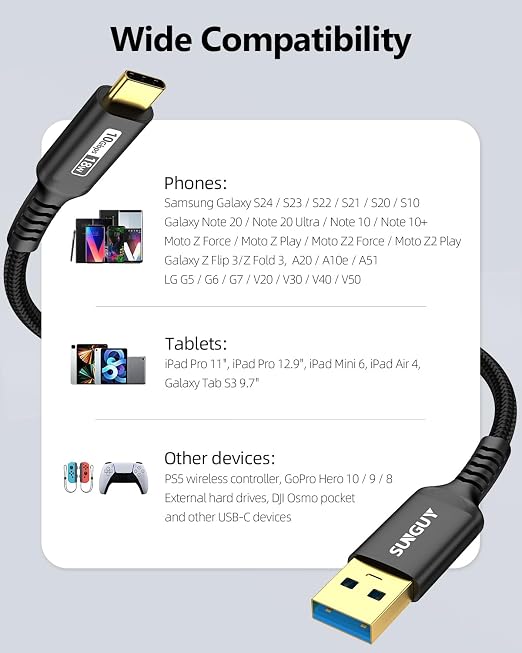 SUNGUY 10Gbps Android Auto USB C Cable, 1.5FT 3A USB 3.1 Gen 2 Fast Charging & Data Transfer USB C CarPlay Cable, Compatible with iPhone 17/16/15 Pro Max, Galaxy S22 S21 Note 20, Pixel 6 5 (Black)