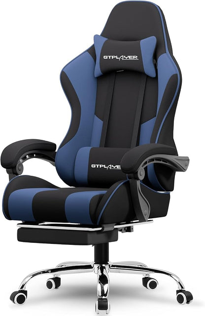 GTPLAYER Gaming Chair, Computer Chair with Footrest and Lumbar Support, Height Adjustable Game Chair with 360°-Swivel Seat and Headrest and for Office or Gaming (Blue, Fabric)