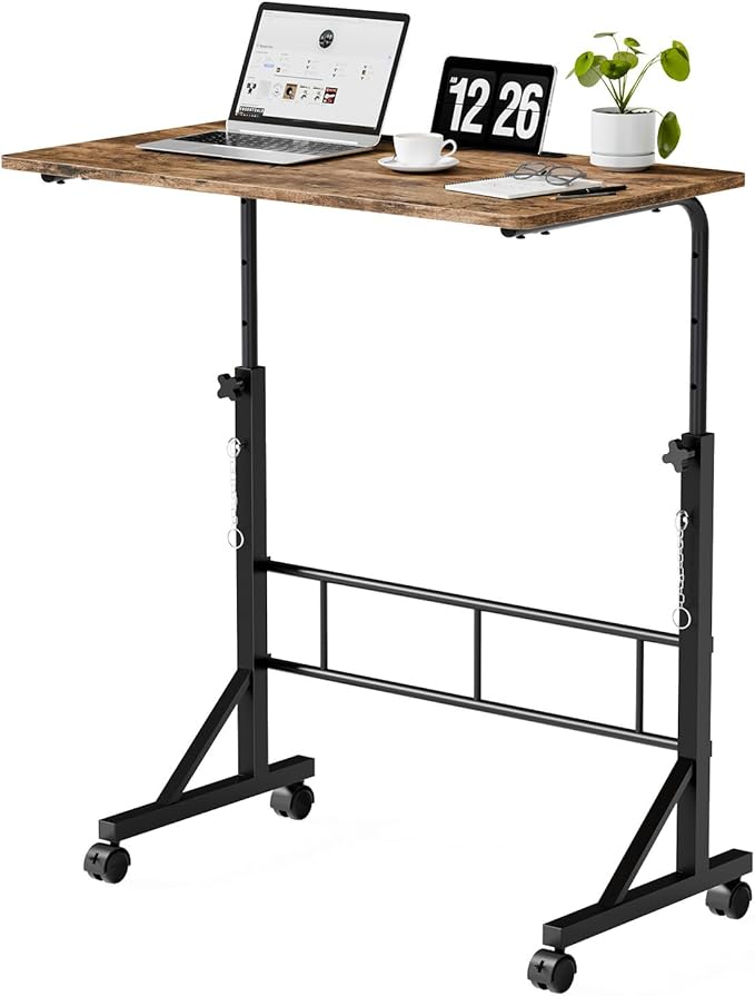 DUMOS 31.5" Walking Pad Desk, Portable Adjustable Height Rolling Laptop Desk with Lockable Wheels, Mobile Stand Up Computer Workstation for Treadmill Home Office Rustic Brown